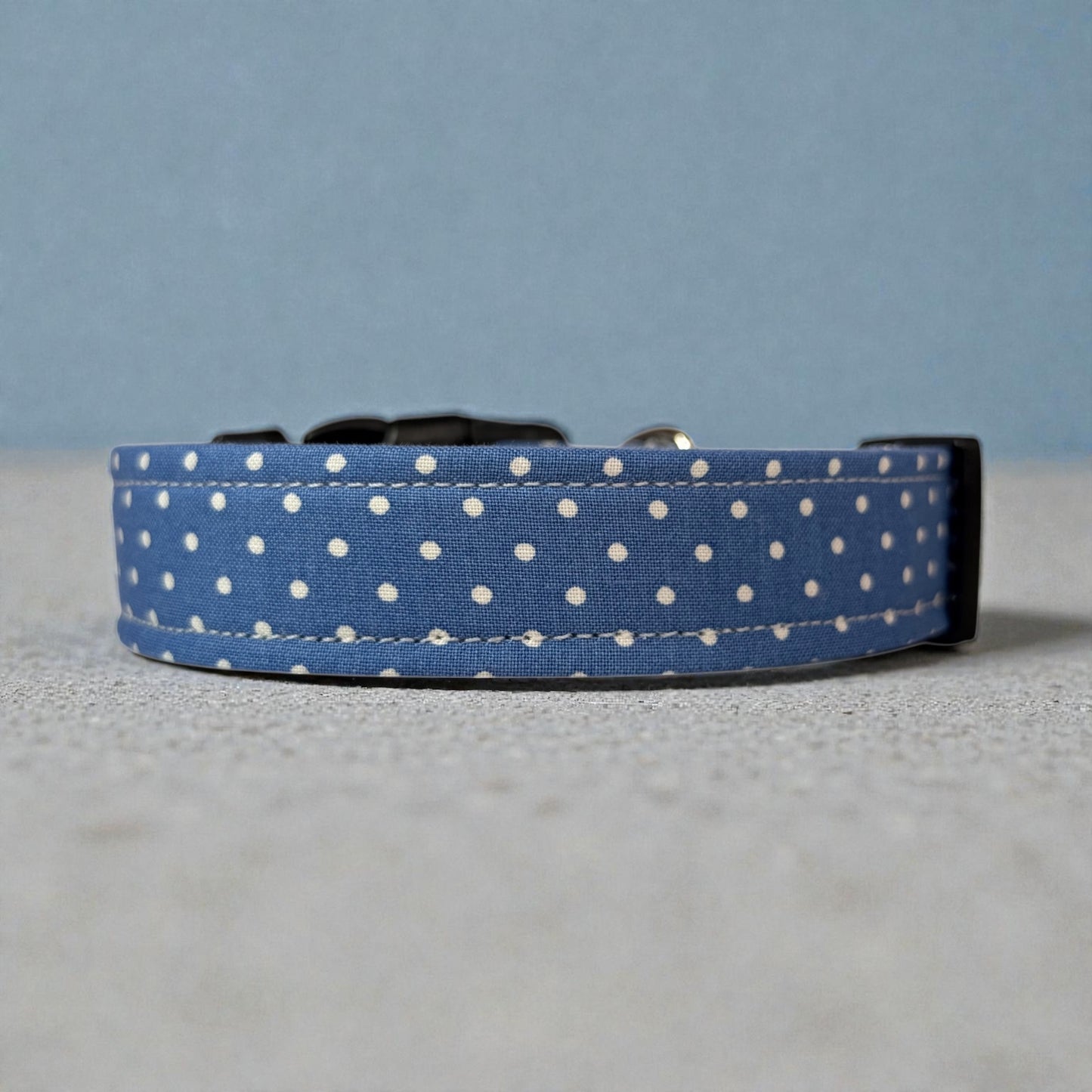 Blue Polka Dot Handmade dog collar, adjustable side release, Handmade Pet Collar with Heavy-Duty Webbing, washable fabric