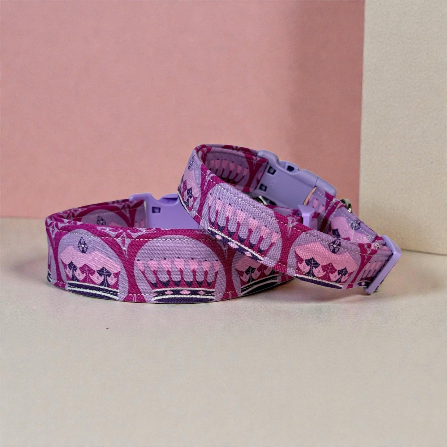 Purple Princess Crowns Handmade dog collar, Handmade Pet Collar with Heavy-Duty Webbing & Stainless Steel D ring, Washable fabric
