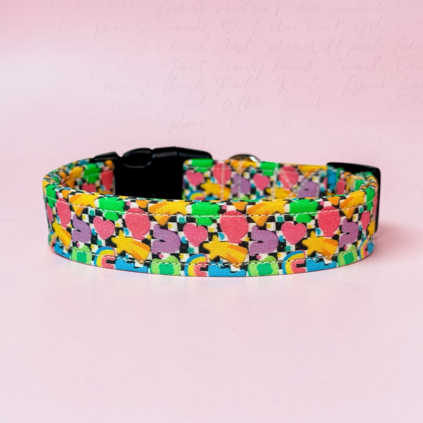 St Patricks Day Marshmallows on Checkered Print handmade Dog Collar: adjustable side release,  Washable cotton Fabric, webbing core, customizable hardware