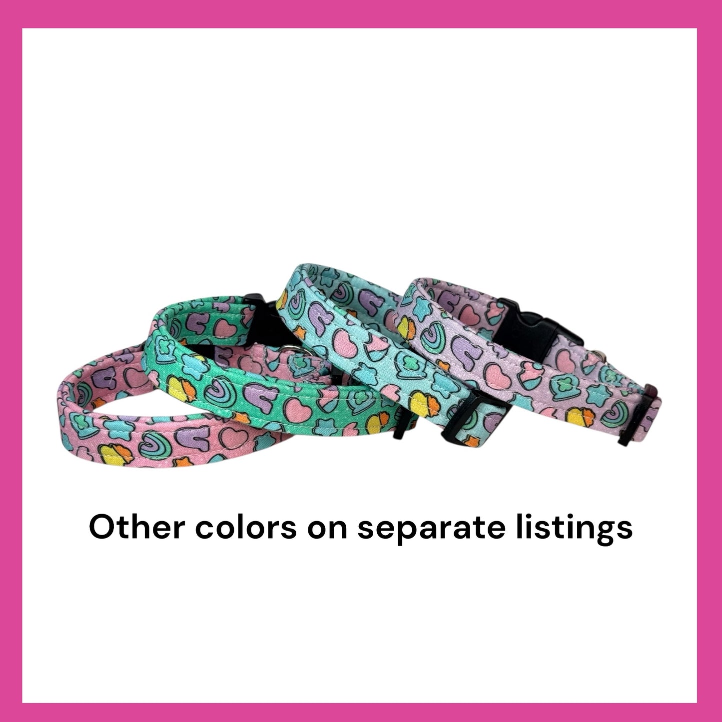 Cereal Marshmallows handmade food Dog Collar: adjustable side release,  Washable cotton Fabric, webbing core, customizable hardware, PINK