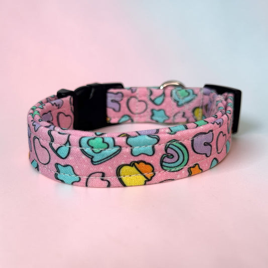 Cereal Marshmallows handmade food Dog Collar: adjustable side release,  Washable cotton Fabric, webbing core, customizable hardware, PINK