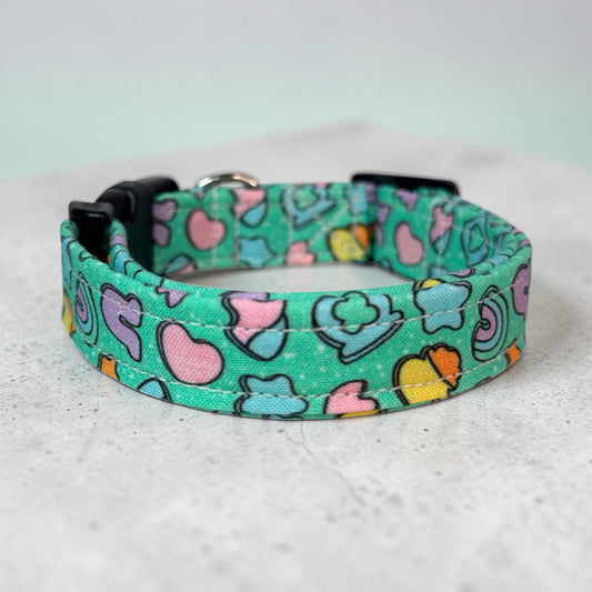 Cereal Marshmallows handmade food Dog Collar: adjustable side release,  Washable cotton Fabric, webbing core, customizable hardware, GREEN