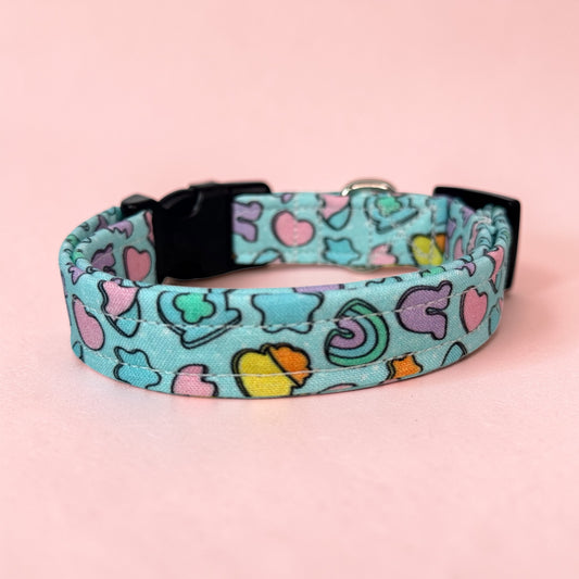 Cereal Marshmallows handmade food Dog Collar: adjustable side release,  Washable cotton Fabric, webbing core, customizable hardware, BLUE