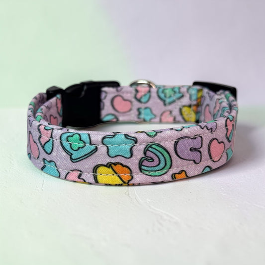 Cereal Marshmallows handmade food Dog Collar: adjustable side release,  Washable cotton Fabric, webbing core, customizable hardware, PURPLE