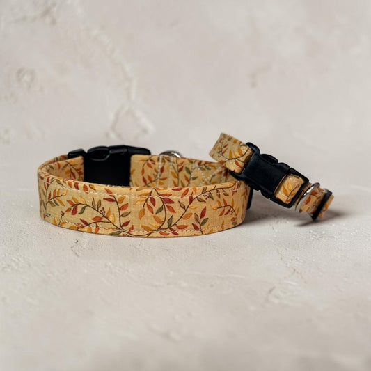 Fall Leaves and Vines Print Handmade dog collar, adjustable side release, Handmade Pet Collar with Heavy-Duty Webbing, washable fabric