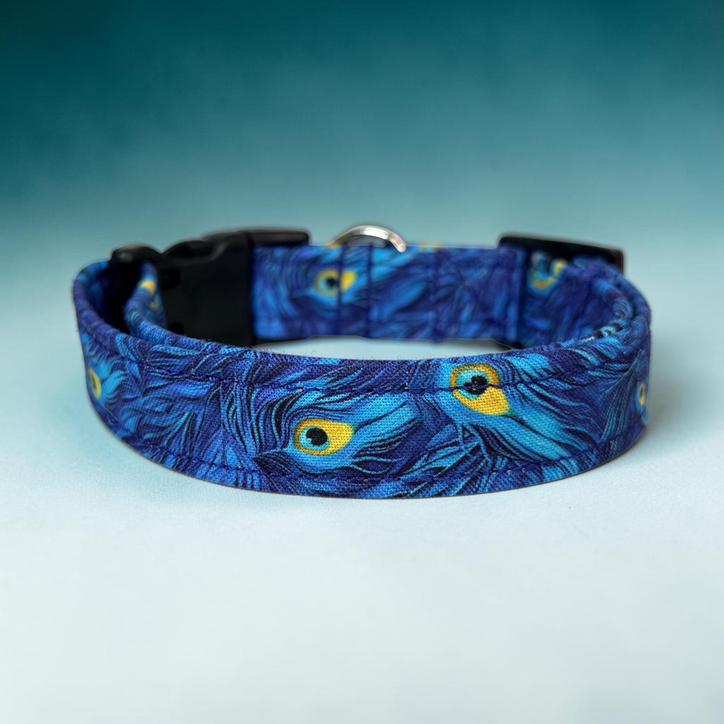 Blue Peacock Feather Print Handmade dog collar, adjustable side release, Handmade Pet Collar with Heavy-Duty Webbing, washable fabric