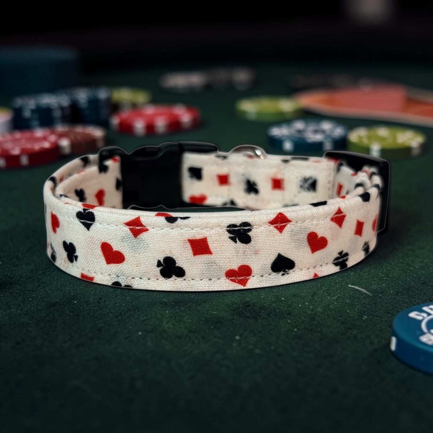Playing Cards Suits Print Handmade dog collar, adjustable side release, Handmade Pet Collar with Heavy-Duty Webbing, washable fabric