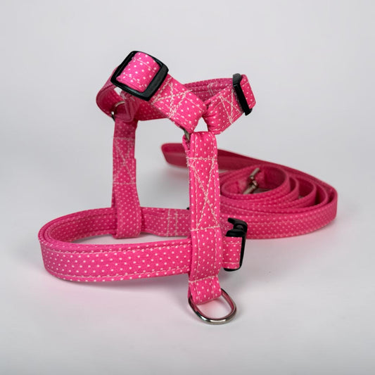 Sweetheart Pink Polka dot Dog harness, Standard roman harness or Step in harness. With or without matching leash