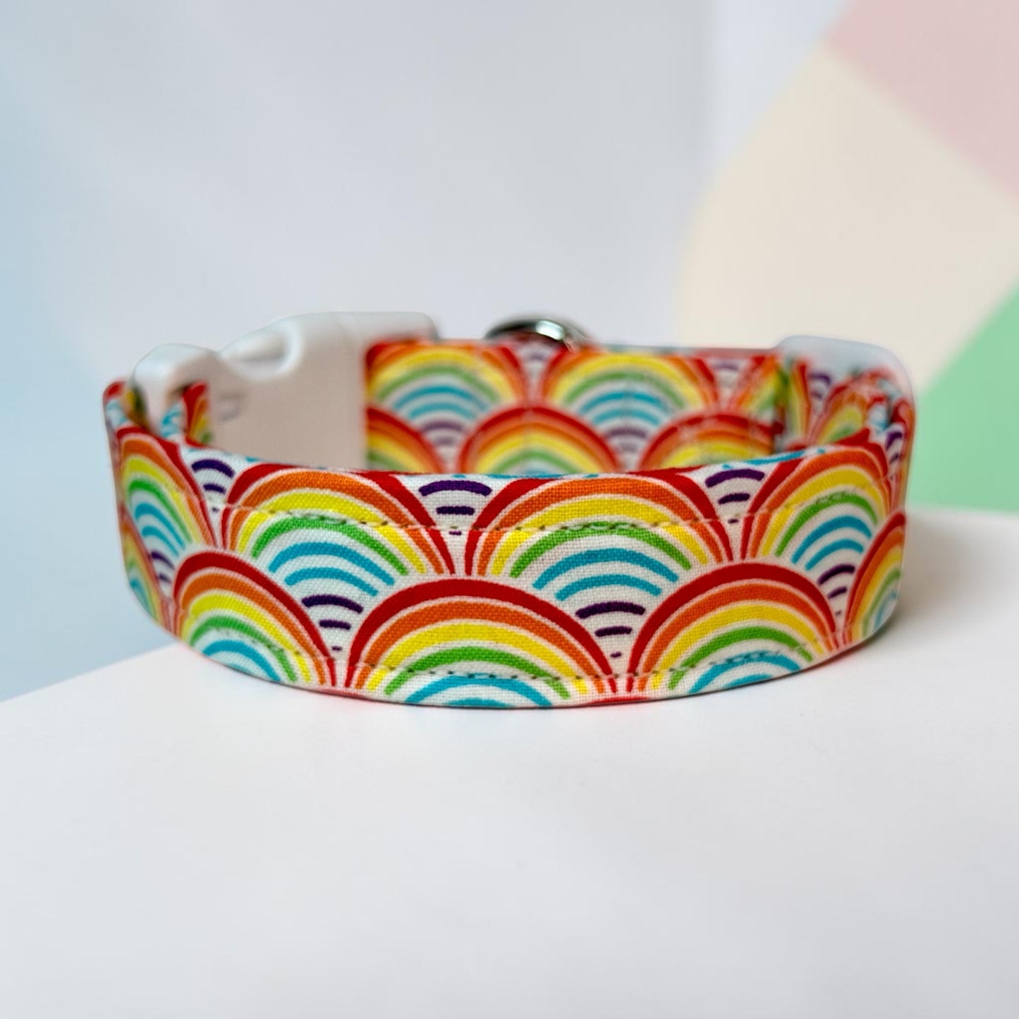 Rainbow Handmade dog collar: Adjustable side release, washable cotton fabric, webbing core, customizable hardware