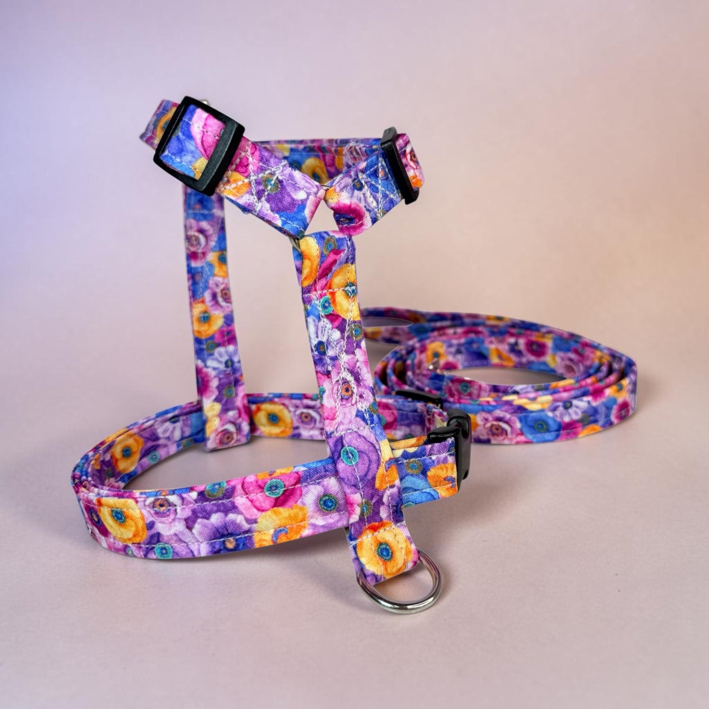 Packed Poppy floral Handmade Dog harness, Standard roman harness or Step in harness. With or without matching leash
