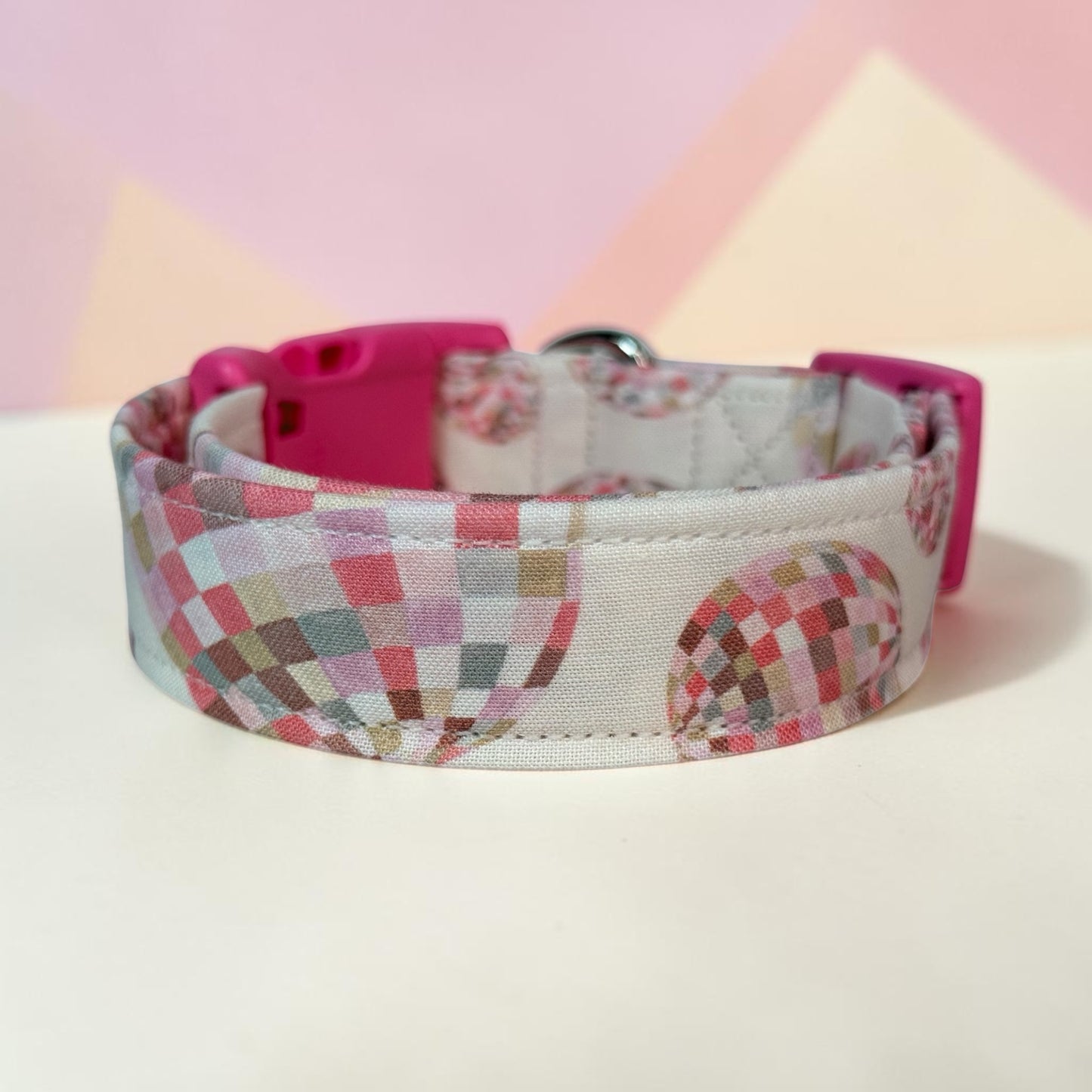 Disco Ball Handmade dog collar: Adjustable side release, washable cotton fabric, webbing core, customizable hardware