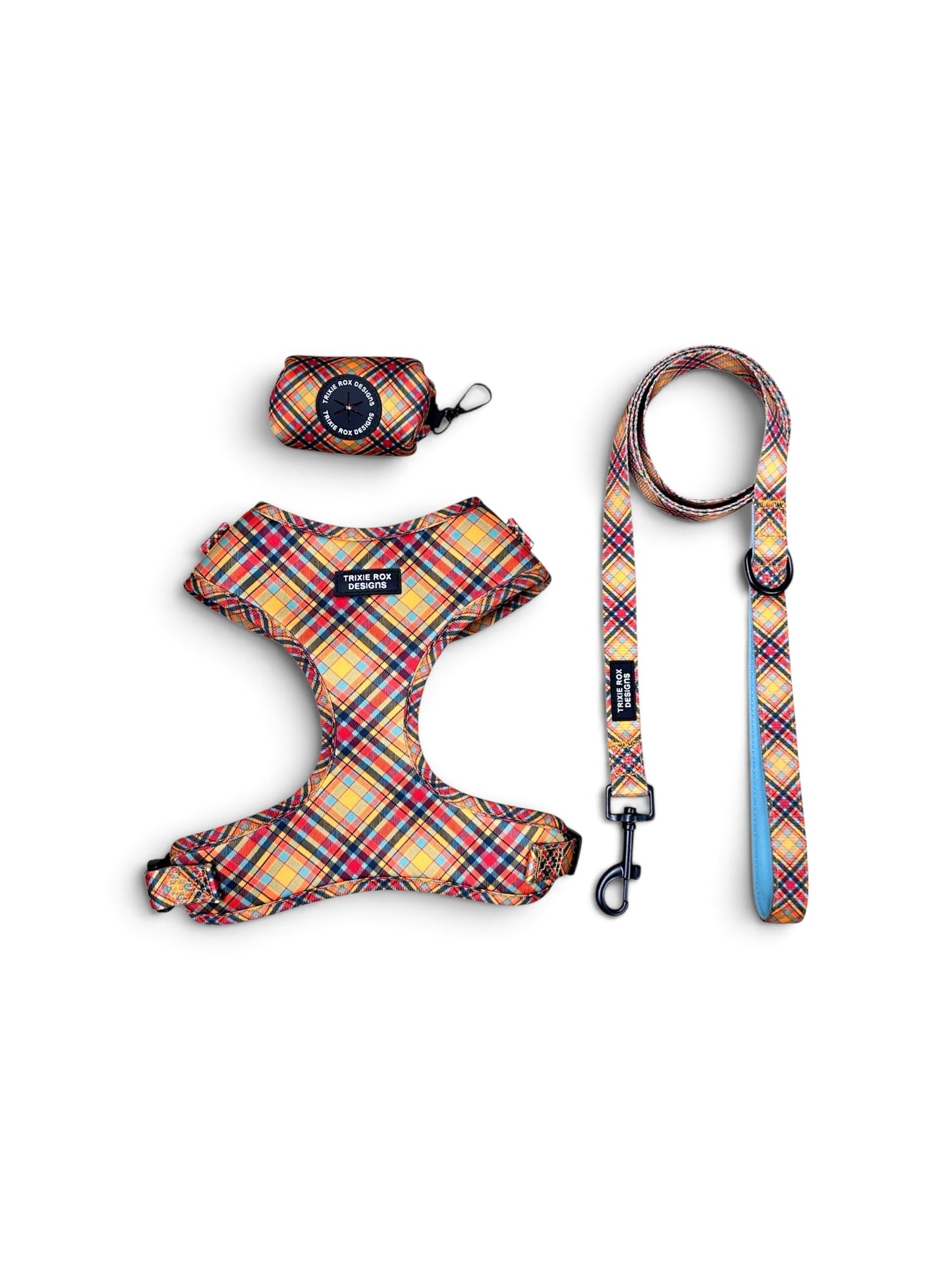 Fall Orange Diagonal plaid Neoprene Dog Harness – Adjustable & Comfortable | Add Matching Leash & Poop Bag Set