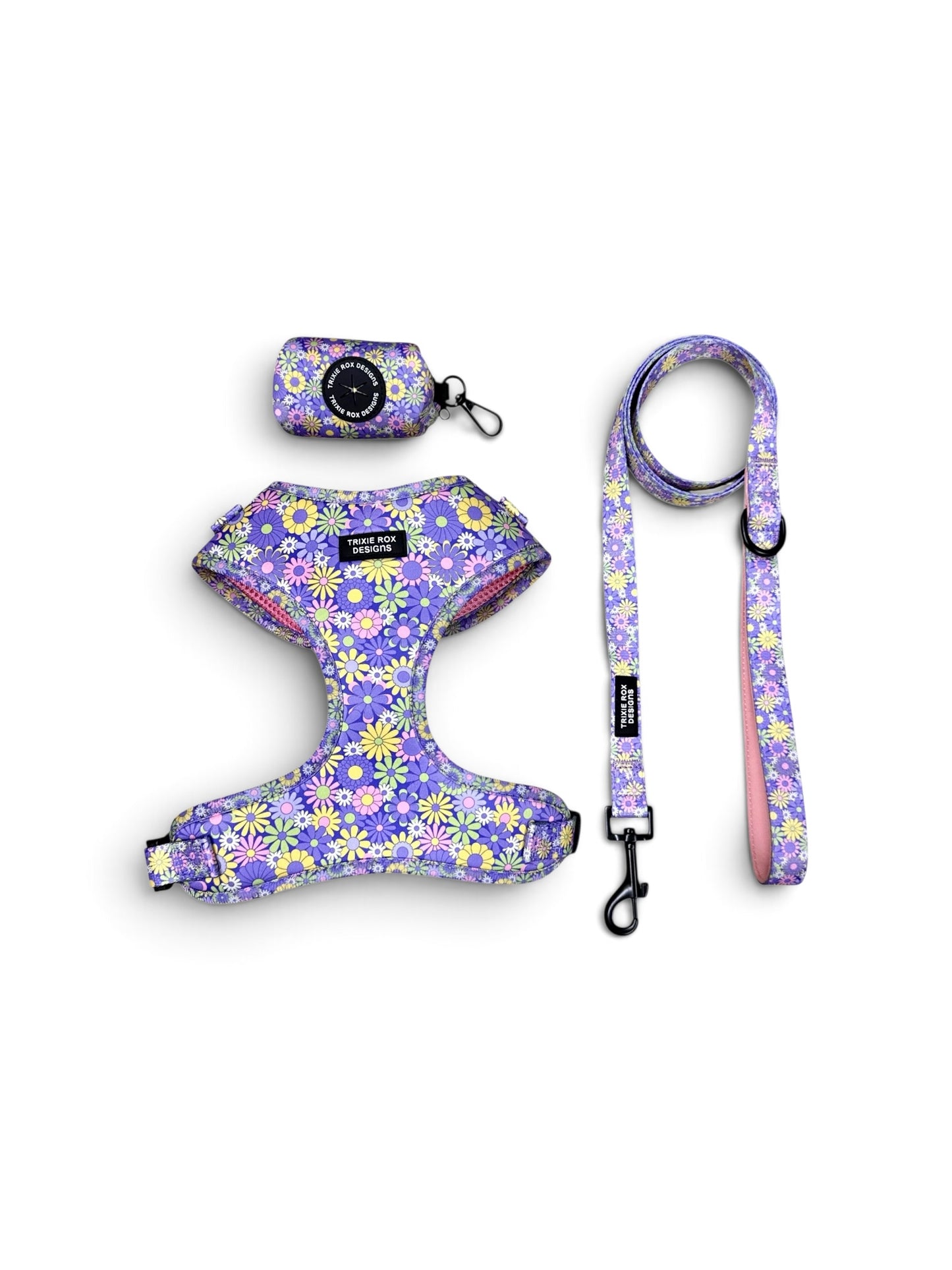 Purple Floral Neoprene Dog Harness – Adjustable & Comfortable | Add Matching Leash & Poop Bag Set