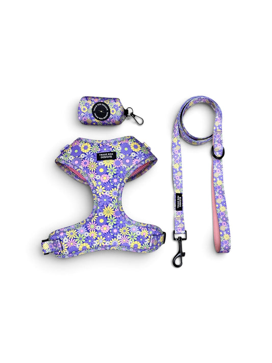Purple Floral Neoprene Dog Harness – Adjustable & Comfortable | Add Matching Leash & Poop Bag Set