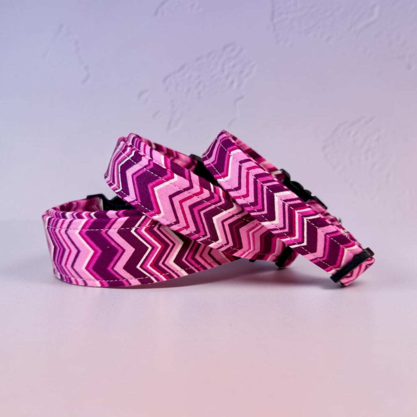 Pink Chevron Handmade dog collar: Adjustable side release, washable cotton fabric, webbing core