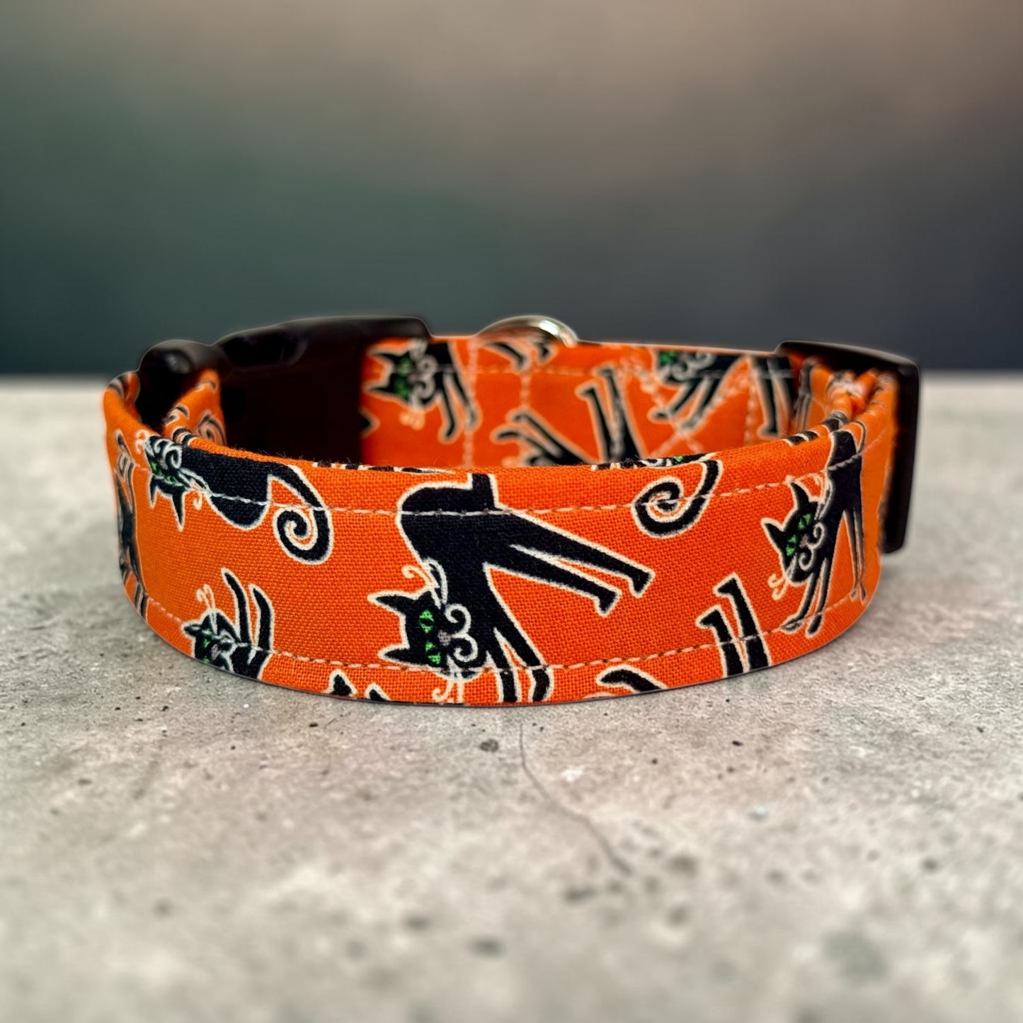 Black Cat Halloween Handmade dog collar: Adjustable side release, washable cotton fabric, webbing core