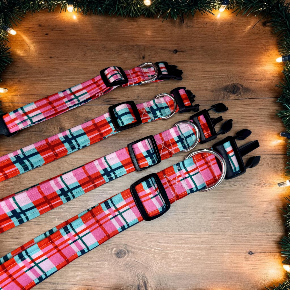 Christmas Present Plaid Handmade dog collar,  Handmade Pet Collar with Heavy-Duty Webbing & Stainless Steel Hardware