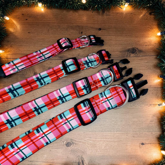 Christmas Present Plaid Handmade dog collar,  Handmade Pet Collar with Heavy-Duty Webbing & Stainless Steel Hardware