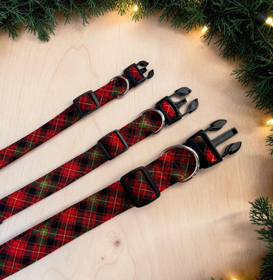 Christmas Red Plaid Handmade dog collar,  Handmade Pet Collar with Heavy-Duty Webbing & Stainless Steel Hardware