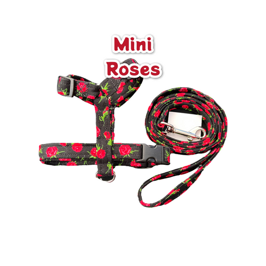 Roses on black dog harness and leash set - Step in dog harness or Standard roman dog harness