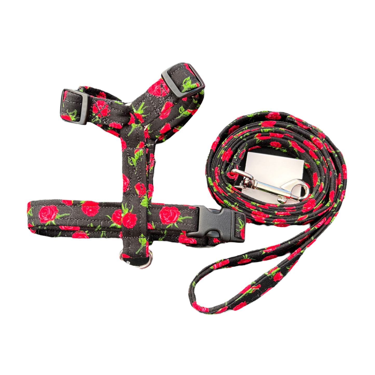Roses on black dog harness and leash set - Step in dog harness or Standard roman dog harness