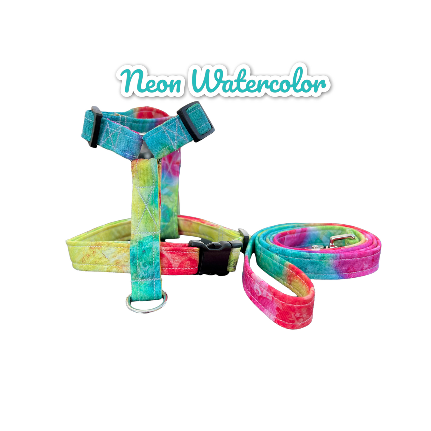 Neon watercolor dog harness and leash set, standard roman dog harness, step in dog harness, matching leash, pet harness