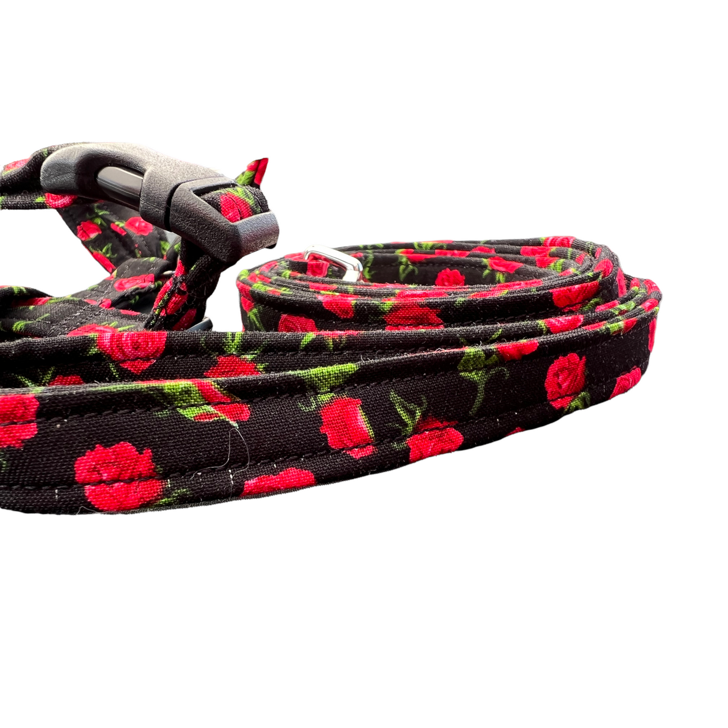 Roses on black dog harness and leash set - Step in dog harness or Standard roman dog harness