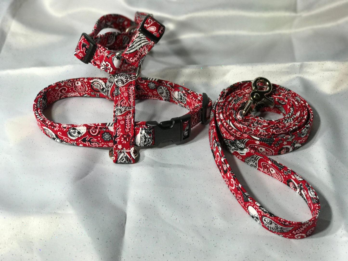 Dog harness, Harness and leash, step in harness, standard harness, dog harness set, adjustable, Biker, skull, motorcycle, flame, bandana