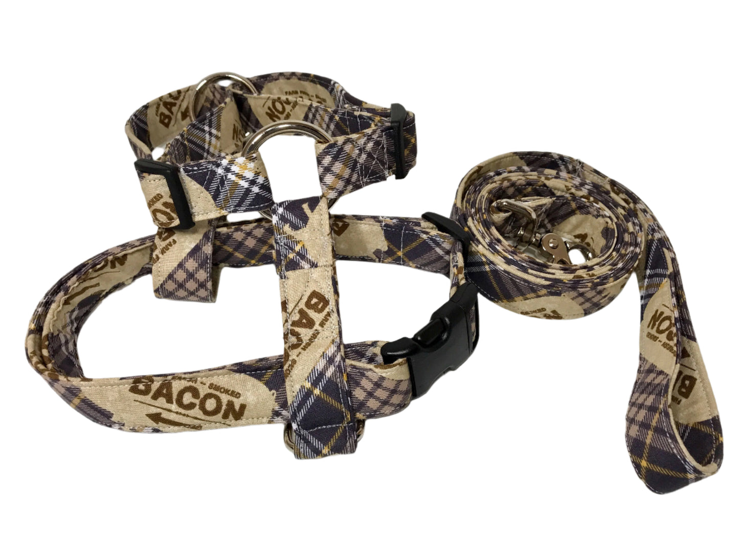 Bacon Plaid dog harness, choice of Standard Roman or Step in harness, with or without leash