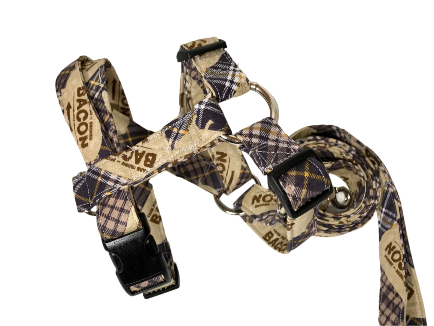 Bacon Plaid dog harness, choice of Standard Roman or Step in harness, with or without leash