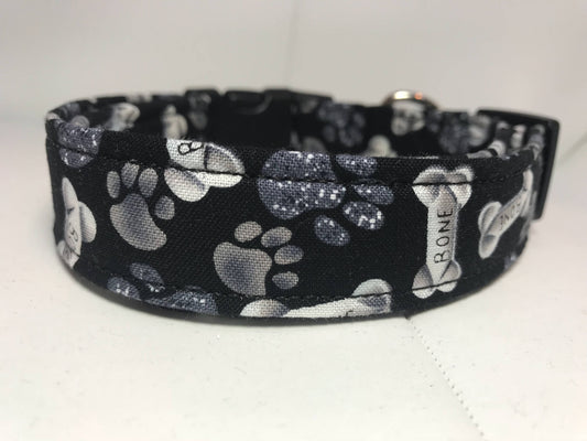 Bone dog collar, black dog collar, dog bones, chrome bones, adjustable collar, washable, side release collar, fabric dog collar, unisex