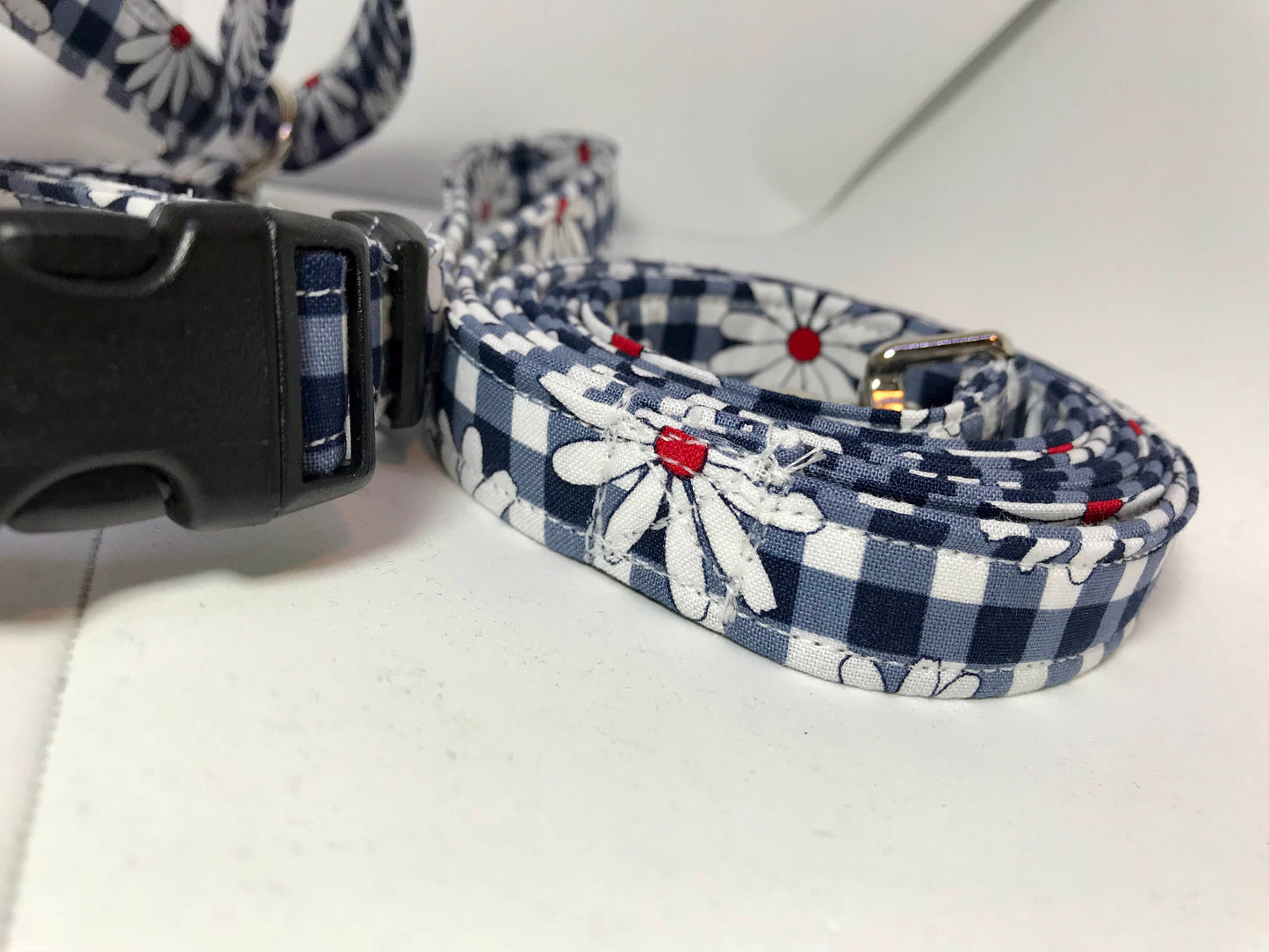 Gingham and daisies dog Harness and leash set, step in harness, standard harness, dog harness set, gingham, dog harness girl, daisies, blue, red, yellow