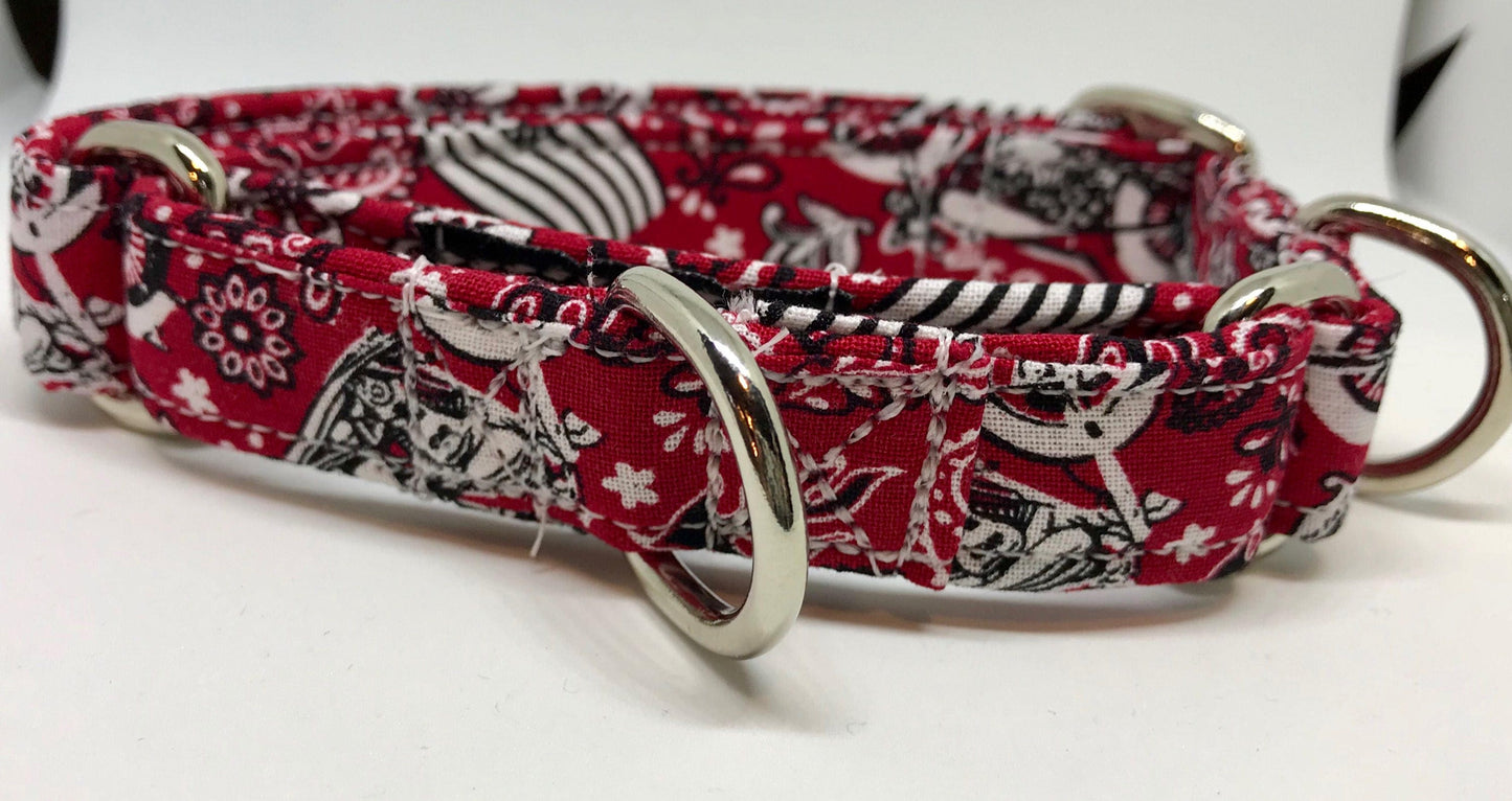 Motorcycle dog collar, bandana print, skull dog collar, adjustable collar, washable, side release collar, fabric dog collar, red, skulls