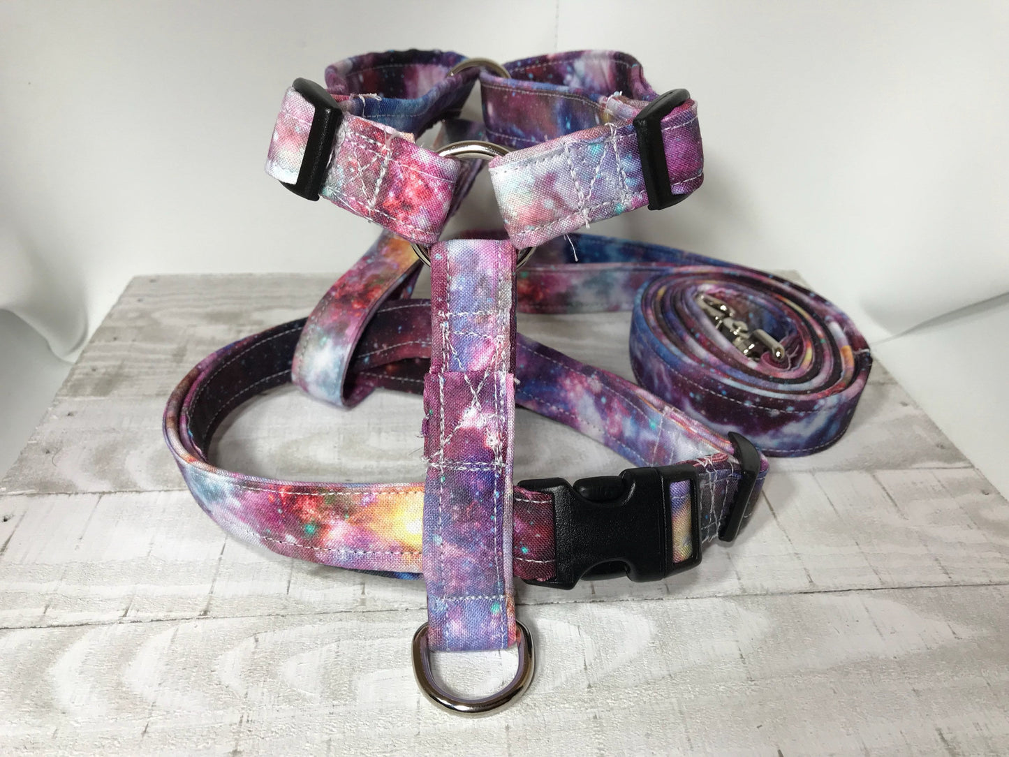 Dog harness, Harness and leash, step in harness, standard harness, dog harness set, galaxy dog harness, adjustable,  bright galaxy print