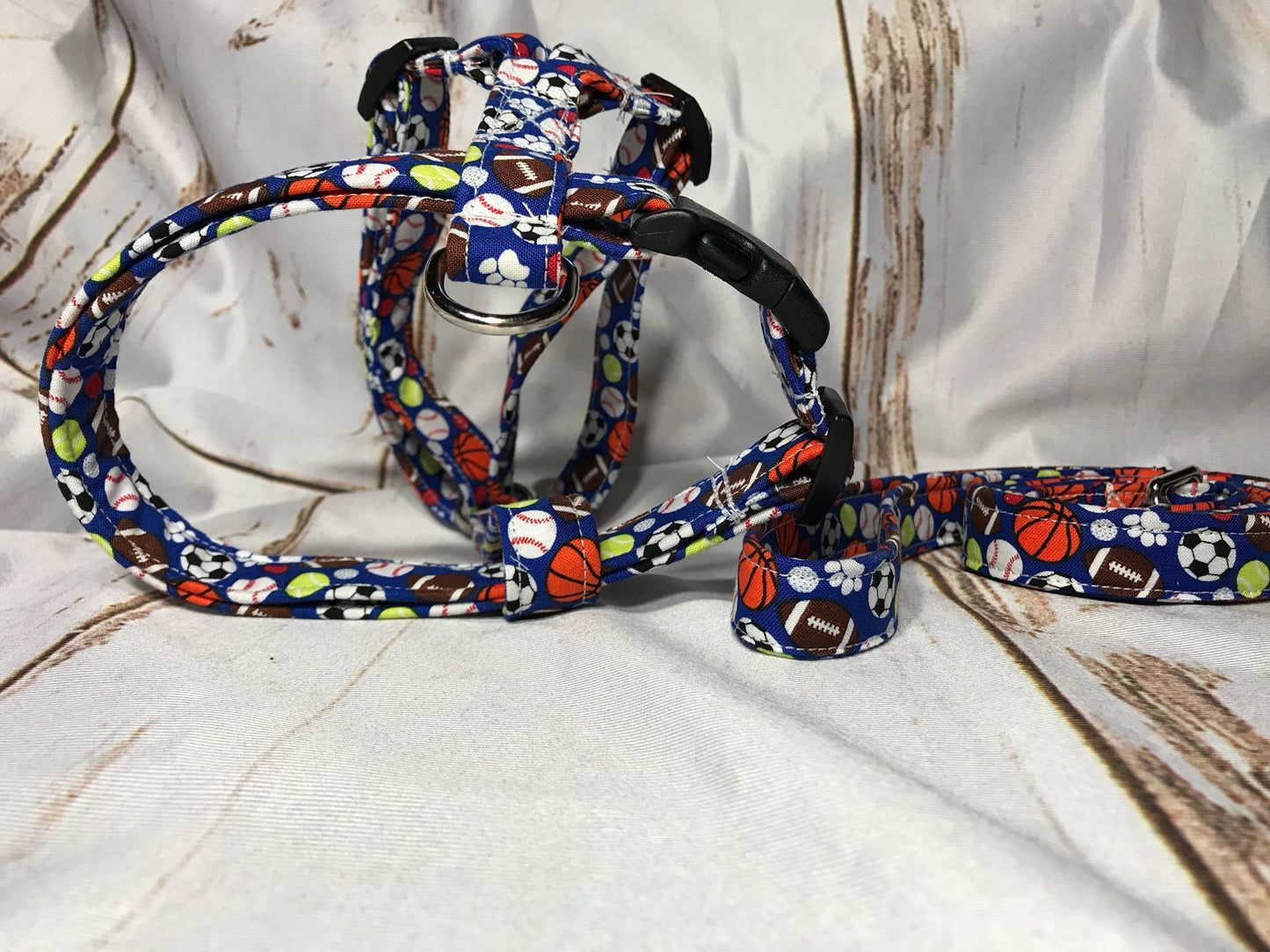 Dog harness, Harness and leash, step in harness, standard harness, dog harness set, adjustable harness, sports, balls, paws, dog balls, blue