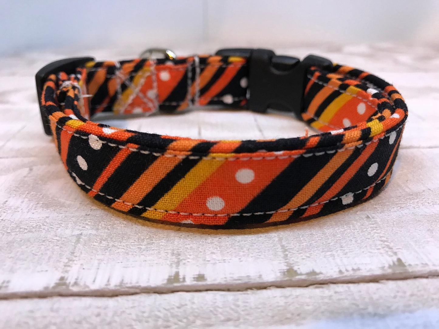 Dog Collar, girl dog collar, boy dog collar, orange stripe collar, adjustable collar, buckle dog collar, orange, black, diagnonal,  stripes