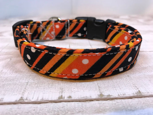 Dog Collar, girl dog collar, boy dog collar, orange stripe collar, adjustable collar, buckle dog collar, orange, black, diagnonal,  stripes