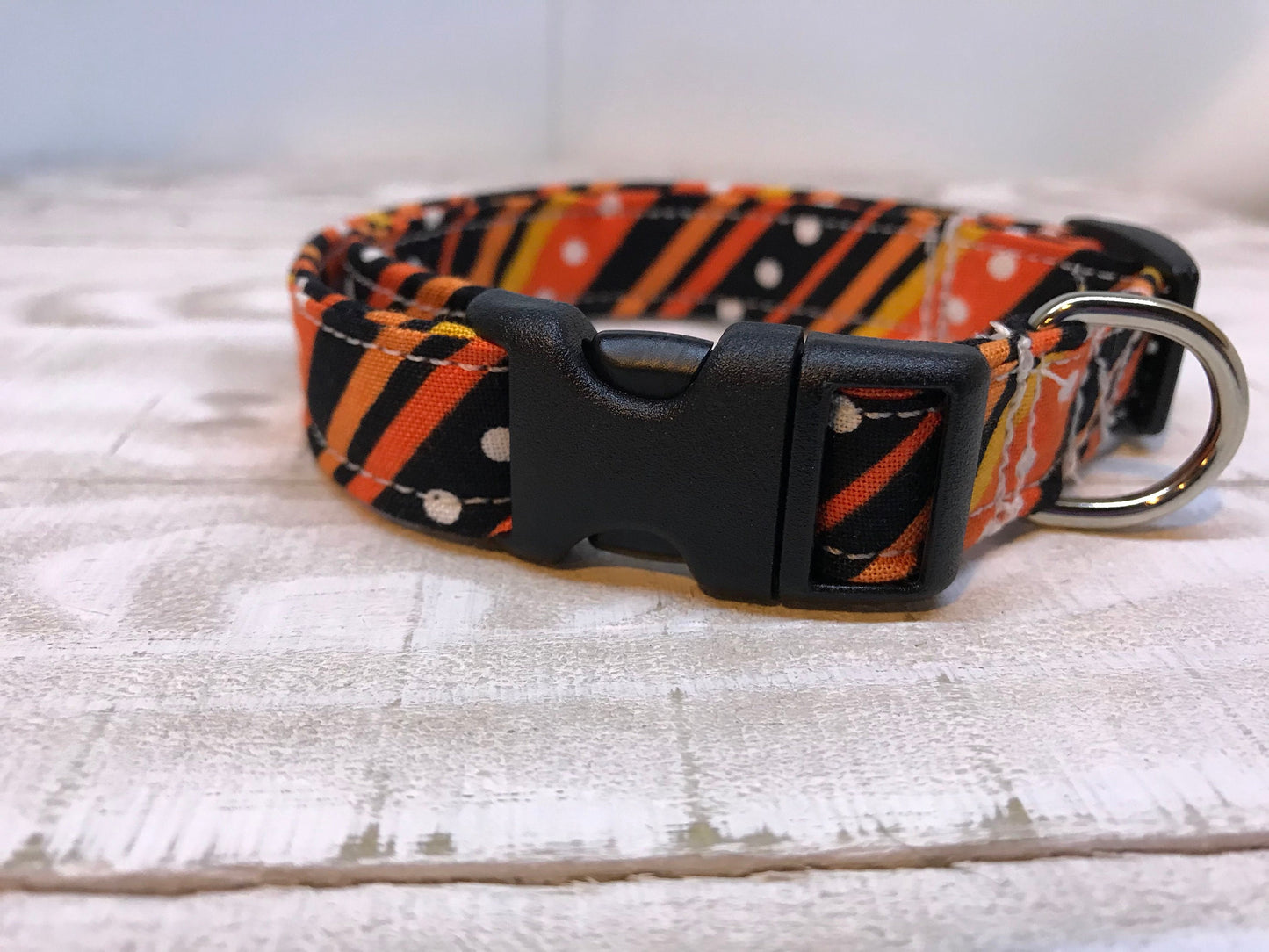 Dog Collar, girl dog collar, boy dog collar, orange stripe collar, adjustable collar, buckle dog collar, orange, black, diagnonal,  stripes