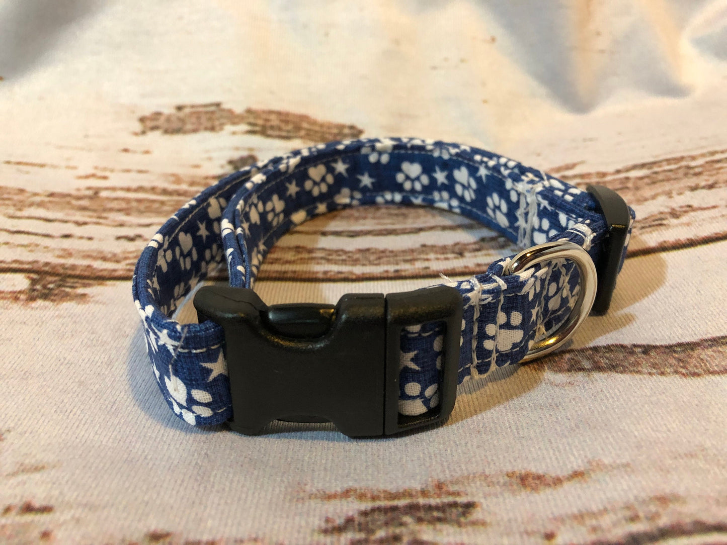 Patriotic paws dog collar, blue dog collar, dog paws, stars, side release collar, adjustable collar, fabric dog collar, washable, blue, dog