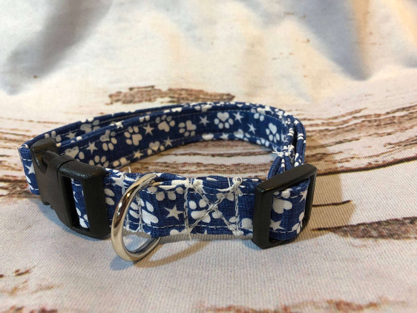 Patriotic paws dog collar, blue dog collar, dog paws, stars, side release collar, adjustable collar, fabric dog collar, washable, blue, dog