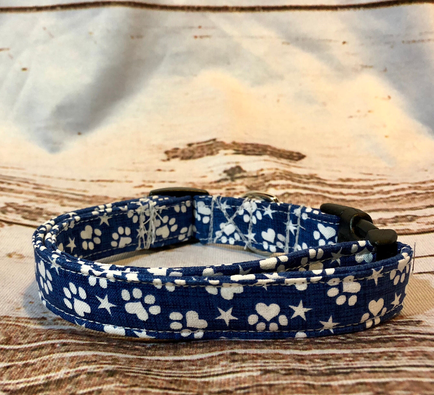 Patriotic paws dog collar, blue dog collar, dog paws, stars, side release collar, adjustable collar, fabric dog collar, washable, blue, dog
