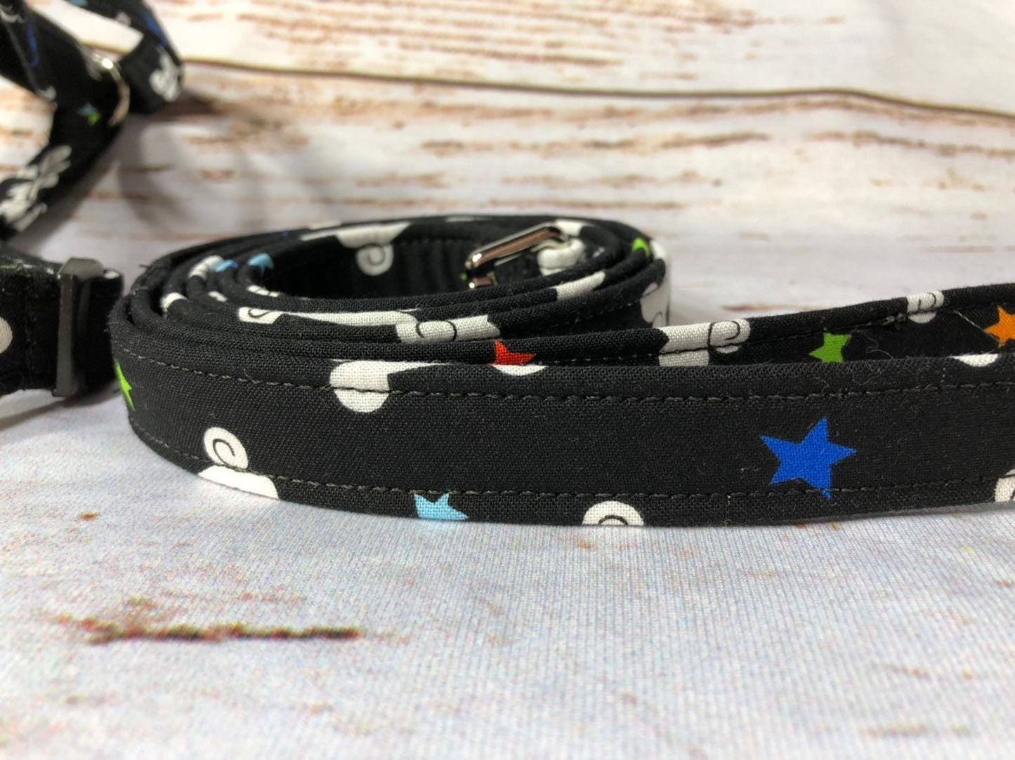 Dog harness, Harness and leash, step in harness, standard harness, adjustable harness, leash,  boy dog harness, bones, stars on black