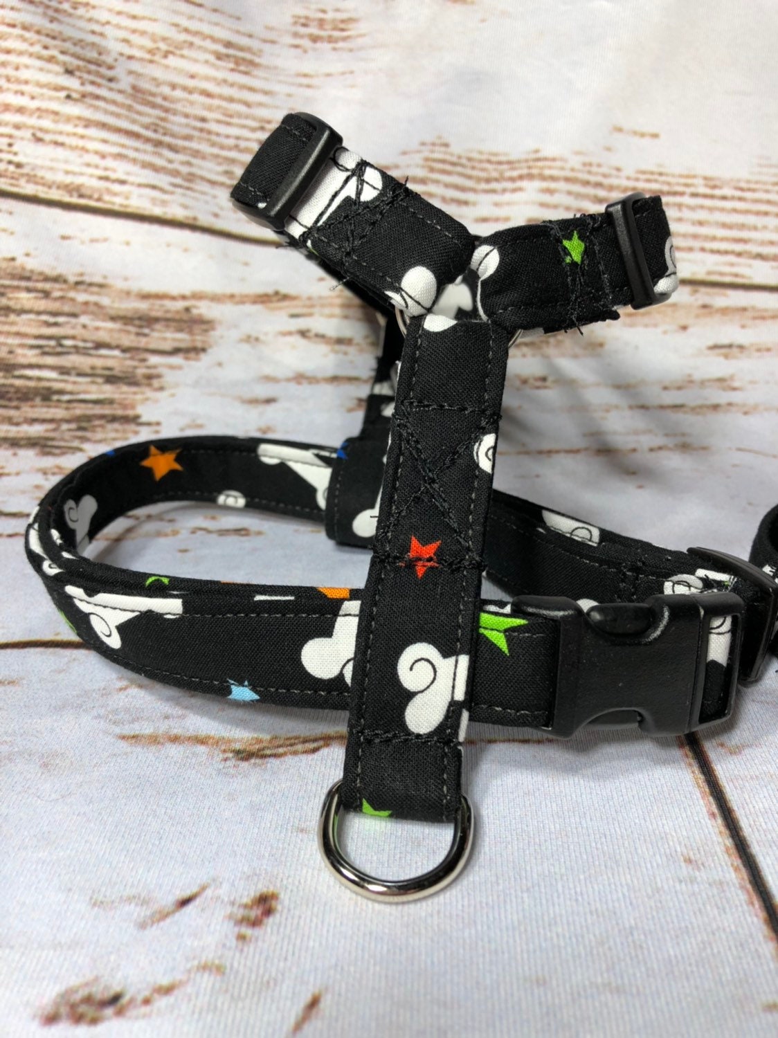 Dog harness, Harness and leash, step in harness, standard harness, adjustable harness, leash,  boy dog harness, bones, stars on black