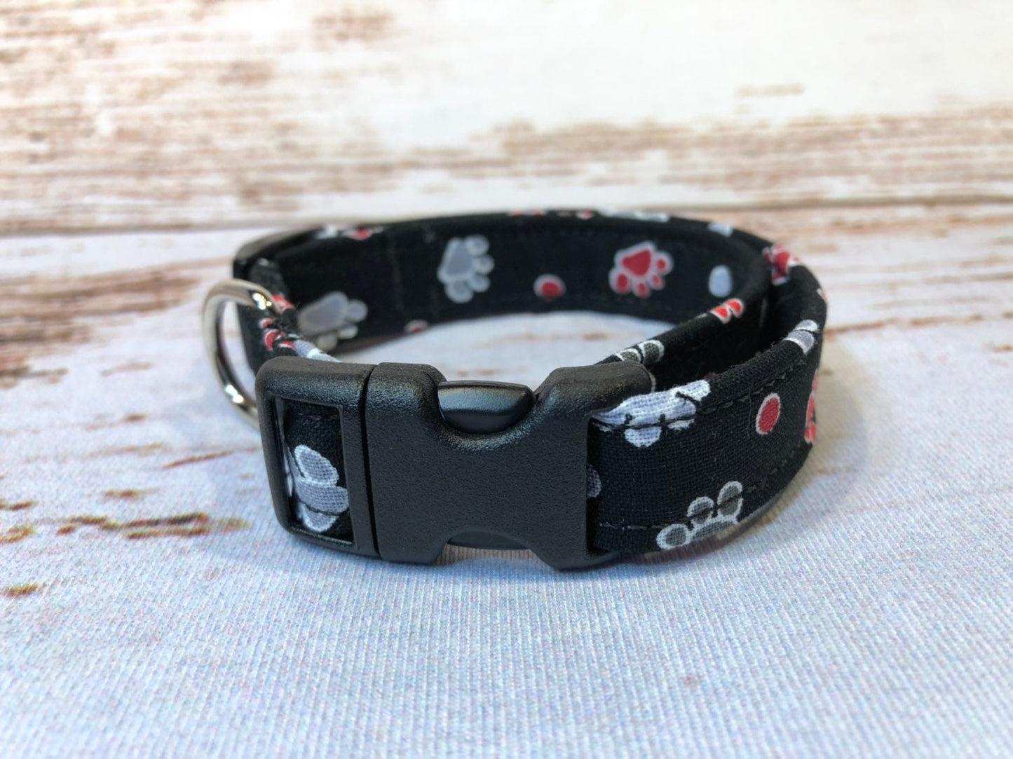 Dog Collar, boy dog collar, martingale collar, adjustable collar, buckle dog collar, paw prints, black, paws, gray, red, paw print