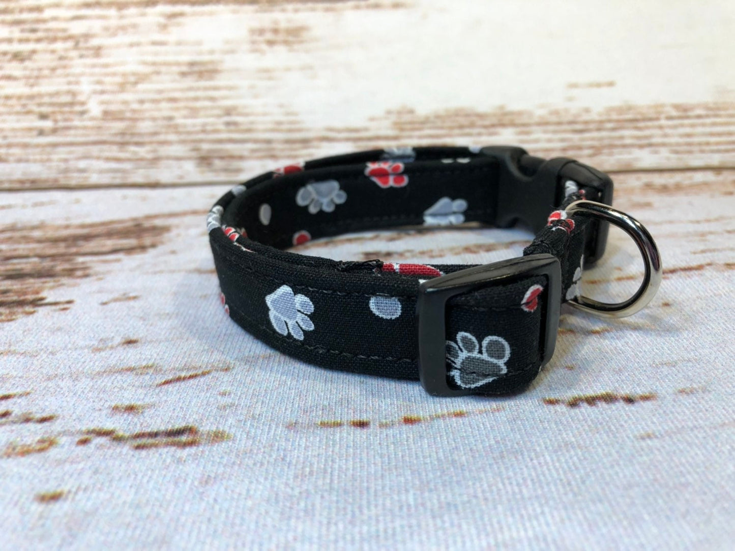 Dog Collar, boy dog collar, martingale collar, adjustable collar, buckle dog collar, paw prints, black, paws, gray, red, paw print