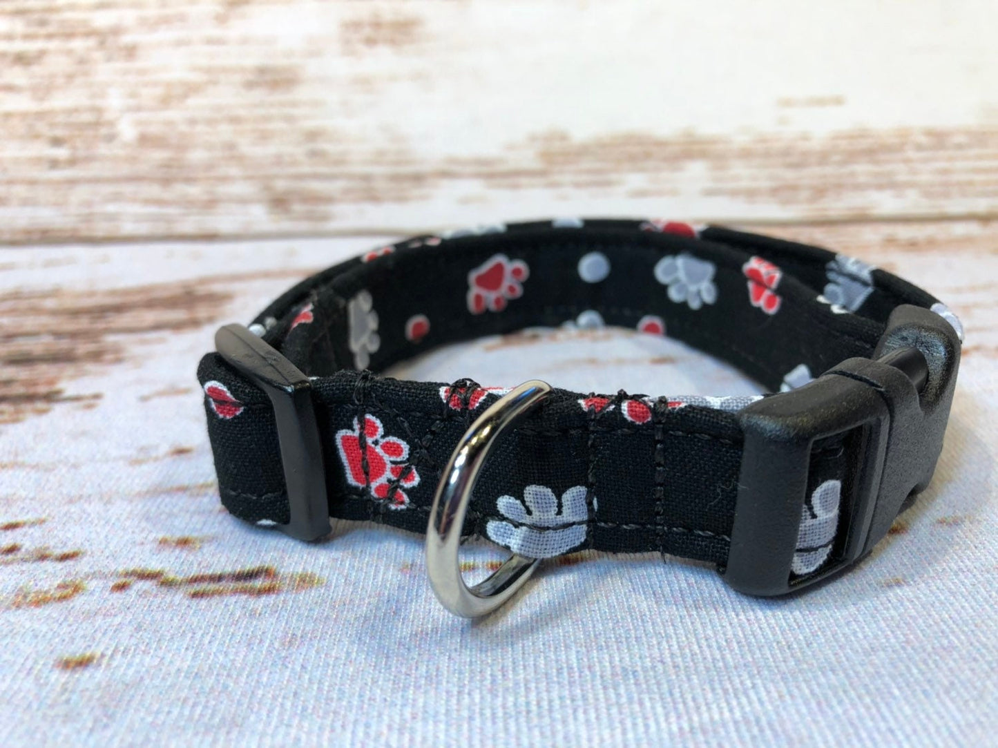 Dog Collar, boy dog collar, martingale collar, adjustable collar, buckle dog collar, paw prints, black, paws, gray, red, paw print