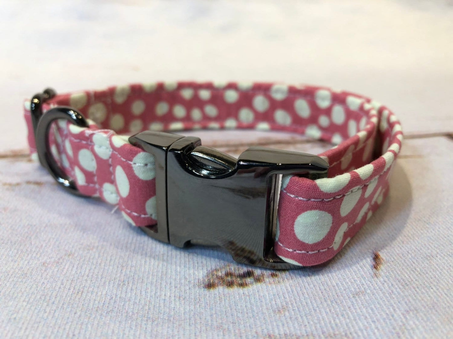 Dog Collar, adjustable collar, pink polka dot dog collar, metal dog collar, buckle dog collar, gunmetal, dusty rose, polka dot
