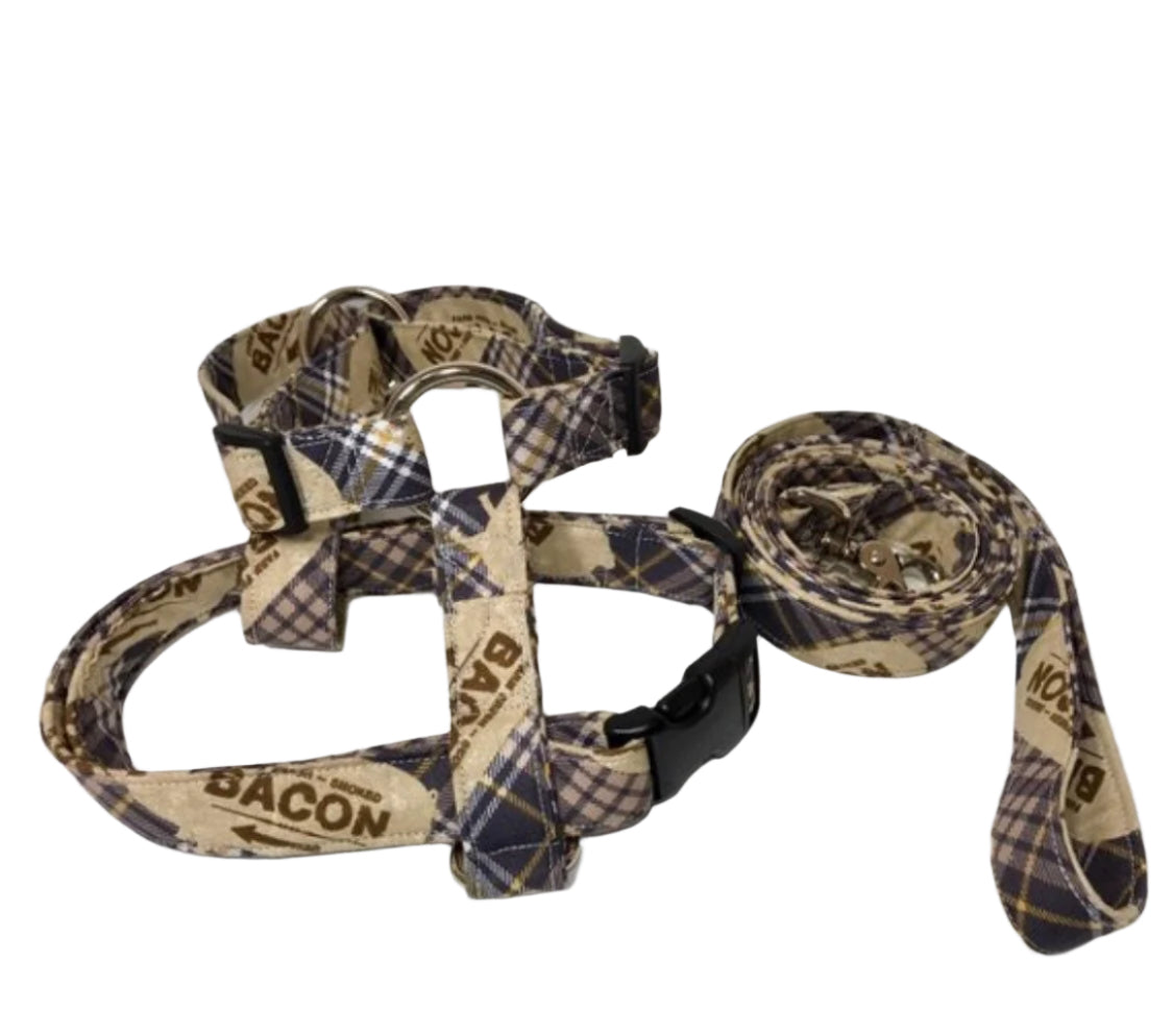 Bacon Plaid dog harness, choice of Standard Roman or Step in harness, with or without leash