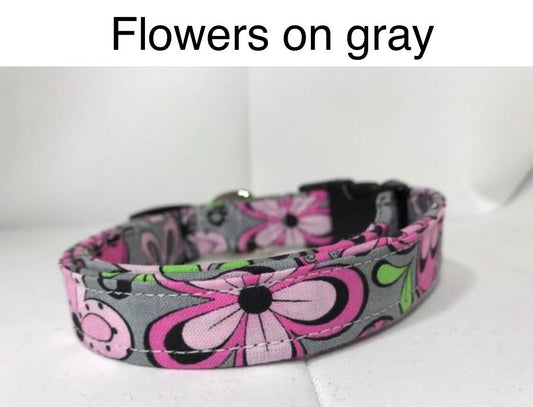 Dog Collar, girl dog collar, floral dog  collar, martingale, adjustable collar, buckle dog collar, pink, flowers, gray, grey, pink flowers