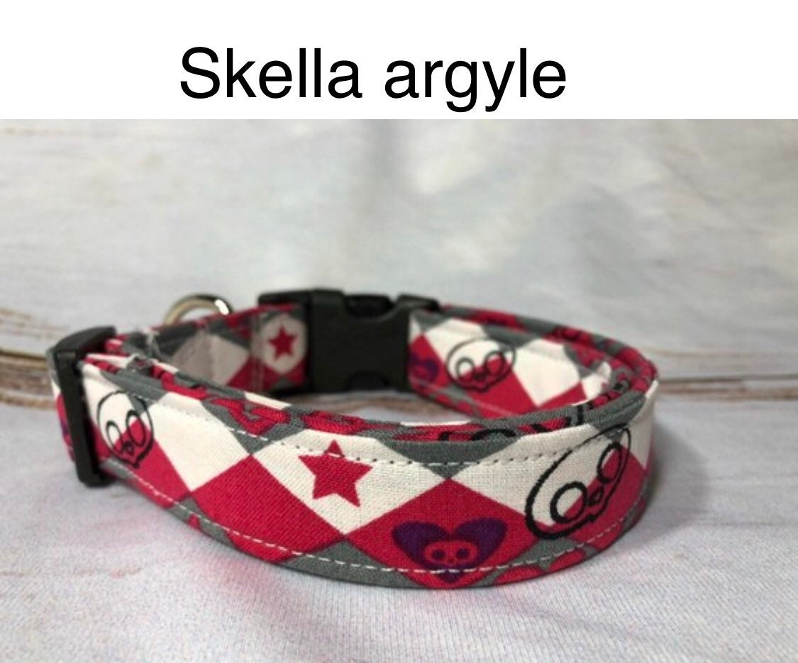 Argyle dog collar, punk dog collar, skull dog collar, pink, white, side release collar, adjustable, washable, girl dog collar, eco friendly